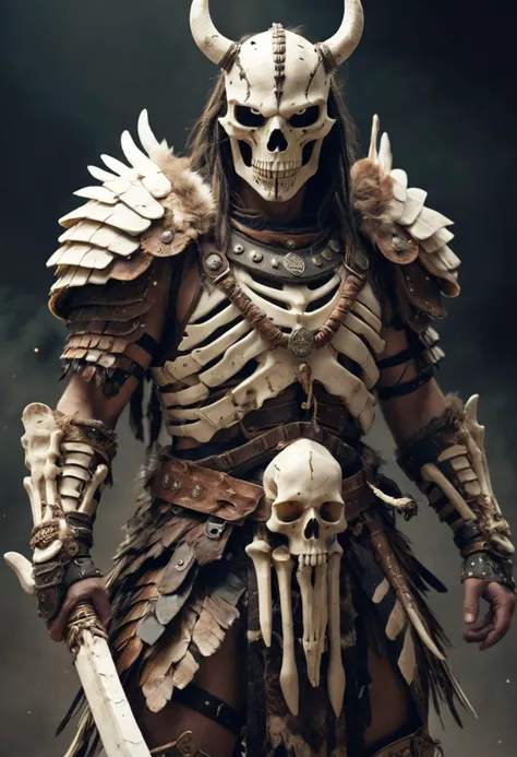 a fierce warrior wearing armor made of bones and animal hides, digital art style
