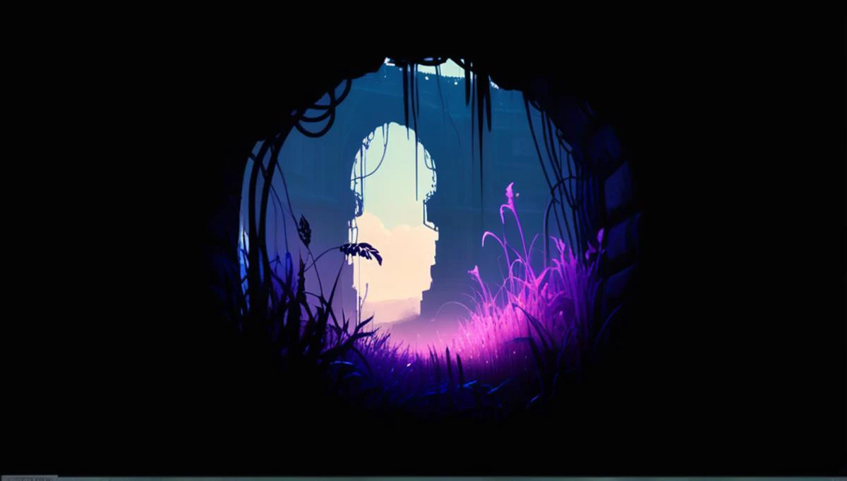 rainworld, landscape, long grass, blue, purple, pink, vine, cinematic light, wallpaper, fill the frame, 2d, game-style, artstation