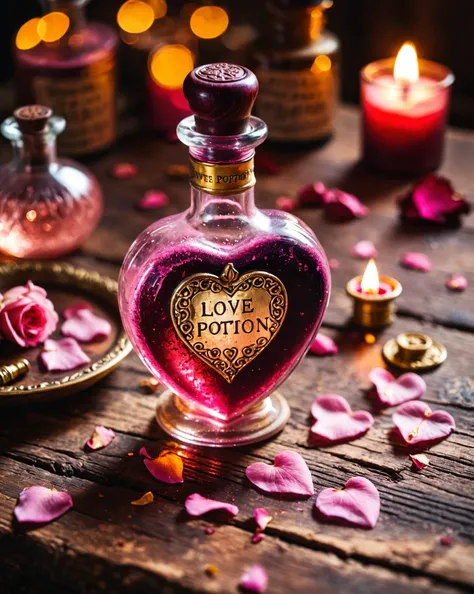 a heart shaped magic potion glass ampule with intricate gold adornment, label says "Love Potion", sparkle, glow, pink liquid, golden glow, on an ancient wooden table, tilt shift, melted wax seal, rose petals, cinematic, cinematic color grading, epic, sweat on the bottle, (light leak:1.2), embers, shallow depth of field, bokeh, gold flakes