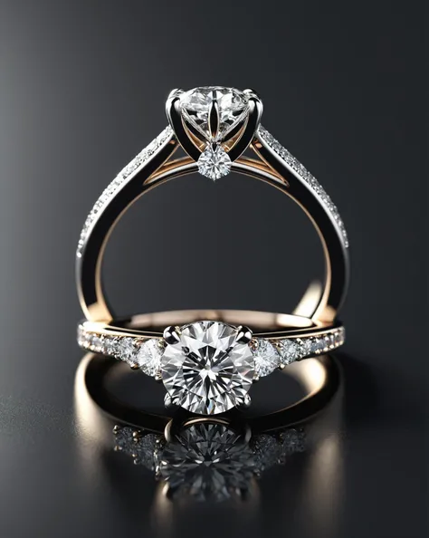 elegant diamond engagement ring displayed on a dark, reflective surface, 3d render, photorealistic detail, brilliant cuts, round and princess shapes, solitaire settings, one adorned with small diamonds on the band, clean, minimalist design, high-quality craftsmanship, inspired by luxury jeweler designs, masterpiece, cinematic color grading