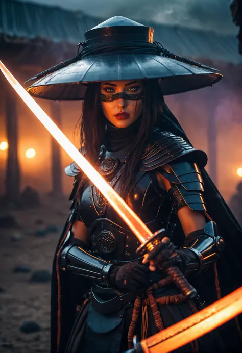 Craft a captivating vibrant dark black-neon caption for a photo capturing the essence of a intricate (cyborg:1.2) (Bedouin:1.2) cyberpunk samurai sorceress in (fight stance:1.1), oversized sedge hat. (cinematic:1.2), asymmetrical armor, (surreal:1.2), (cinematic color grading:1.2), (ethereal:1.2), (smoky backdrop:1.3). throwing a translucent orange/translucent purple/black shadow, weapon, katana, holding sword, ready to draw, sheathed, unsheathing, scabbard, very detailed, (atmospheric haze:1.1), Film grain, cinematic film still, shallow depth of field, highly detailed, high budget, cinemascope, moody, epic, OverallDetail, gorgeous, 2000s vintage RAW photo, photorealistic, candid camera, color graded cinematic, eye catchlights, atmospheric lighting, skin pores, imperfections, natural, shallow dof <lora:add-detail-xl:1.5>