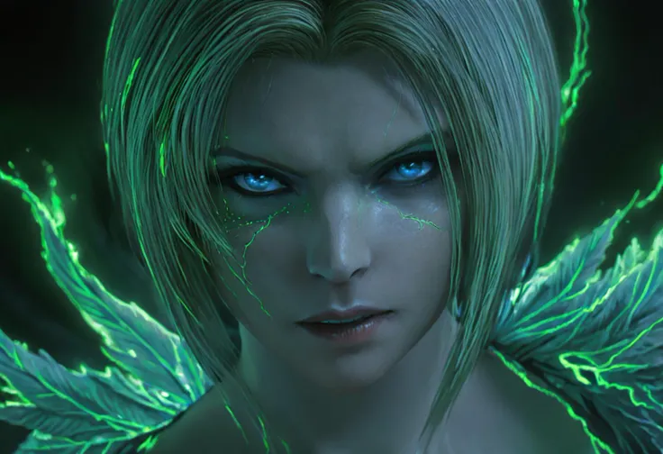 comic benedikta_harman woman,<lora:benedikta_sdxl_V1:0.7>,Extremely high-resolution,upper_body,glaring,(blue glowing eyes:1.3),green energy,(green glowing veins across face:1.3), . graphic illustration, comic art, graphic novel art, vibrant, highly detailed