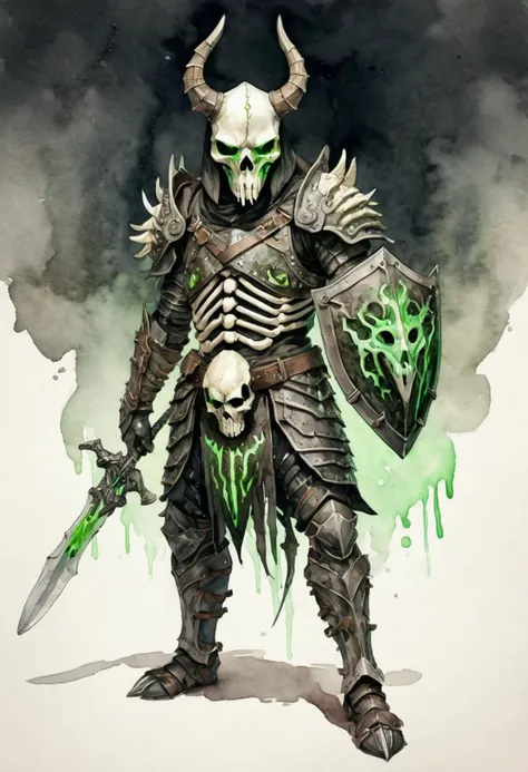 full body shot of a fierce warrior wearing armor made of bones and animal hides with green glowing eyes inside an animal skull helmet, watercolor style