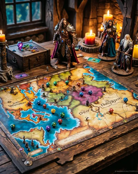 an enormous large living real magical Dungeons & Dragons tabletop board game with Warhammer hero miniature (action figurines:1.1), Magic the Gathering game cards, tilt shift lens effect, monster miniatures, torn and worn, map looks to be floating off the paper, sitting on a worn vintage wooden wizard's desk, magical multicolored ink, high quality, imagination, 8k, fantasy art, vivid magical colors, colorful gaming dice, World of Warcraft, Lord of the Rings, depth of field, bokeh