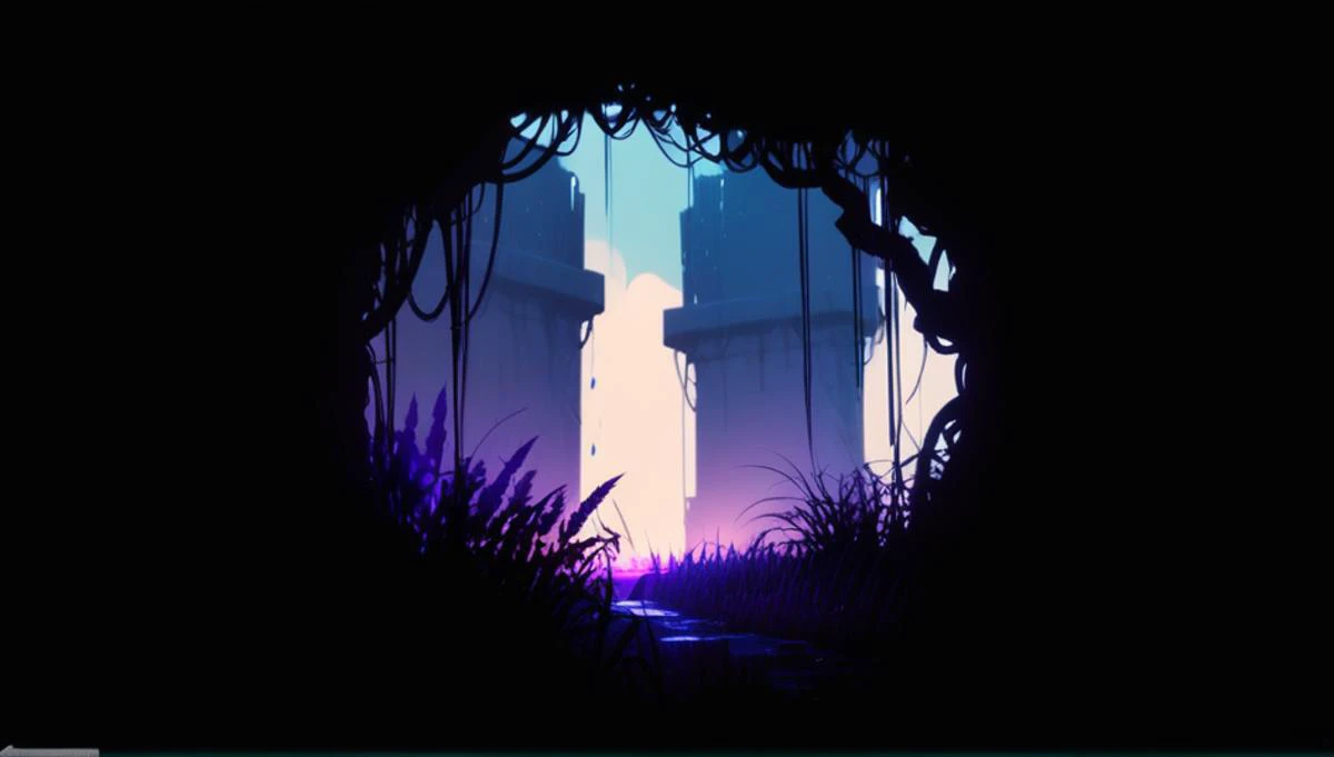 rainworld, landscape, long grass, blue, purple, pink, vine, cinematic light, wallpaper, fill the frame, 2d, game-style, artstation