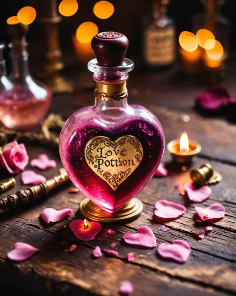 a heart shaped magic potion glass ampule with intricate gold adornment, label says "Love Potion", sparkle, glow, pink liquid, golden glow, on an ancient wooden table, tilt shift, melted wax seal, rose petals, cinematic, cinematic color grading, epic, sweat on the bottle, (light leak:1.2), embers, shallow depth of field, bokeh, gold flakes