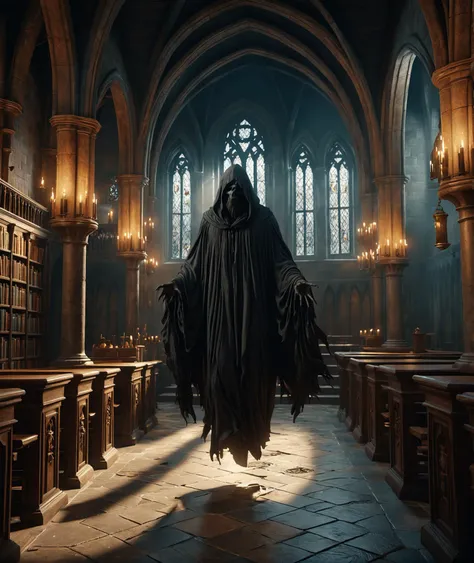 a (dementor:1.3), levitating ominously. BREAK inside a dimly lit bell tower. vibrant, photo realism, Masterpiece, (8k), (32k), UHD, highest-quality, intricate details, highly detailed, best artist, immaculate micro-details, sharp edges, Hogwarts classroom, detailed textures, full body shot, full body cinematic, atmospheric lighting, visually stunning, perfect composition, trending on artstation, cinematic color grading