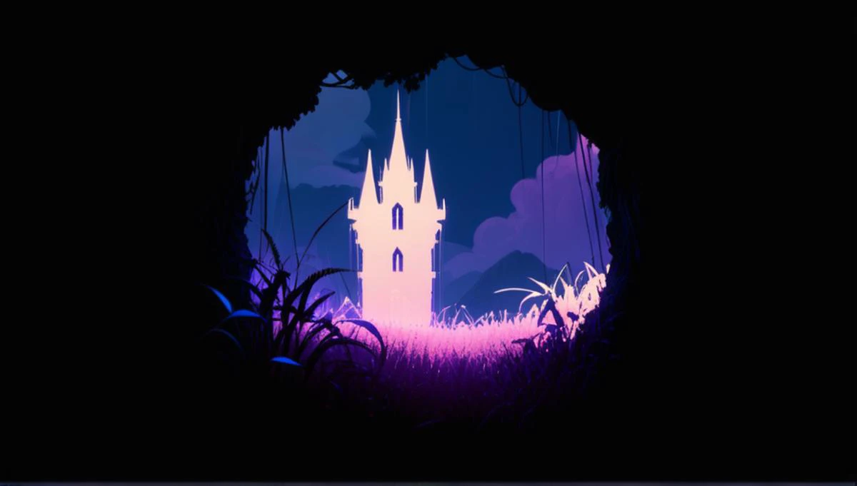 rainworld, landscape, long grass, blue, purple, pink, vine, cinematic light, wallpaper, fill the frame, 2d, game-style, artstation