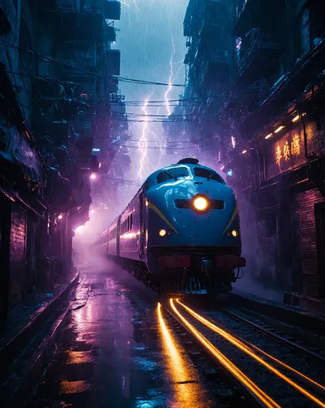 a scifi futuristic concept steam train, curvy and aerodynamic, Kowloon walled city narrow winding alleyway, light speed, flash, heavy rain, motion trail, a shining star(sun) in the background, (speed lines:1.1), (motion blur:1.1), high contrast, deep focus, TRON, style by Ridley Scott, Cyberpunk 2077, Bladerunner, fog, mist, epic visual effects, arc lightning, underglow, interstellar, flow, detailed, scifi, extremely detailed textures, star blast, dark vibrant colors, cosmic art, stars in background, headlights, cinematic scene, lens flare, cinematic color grading, film still, god rays, glow, art of Doug Chiang and John Park glowneon, fuji cinestill, light leak, glowing, sparks, lightning, ultra detailed <lora:add-detail-xl:2>, dramatic lighting <lora:blacklight_makeup_v2:1> ultraviolet blacklight reactive paint, powerlines, catwalks, alleyway <lora:SDS_Contrast tool_XL:0.8>