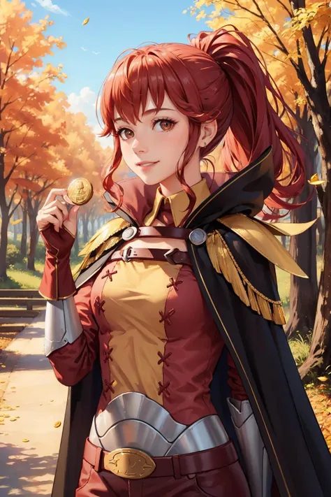 masterpiece, best quality, feAnna, ponytail, tunic, cape, belt, fingerless gloves, red pants, looking at viewer, gold coin, holding gold coin, smile, upper body, village, forest, autumn, blue sky <lora:fe13Anna-nvwls-v1-000009:0.9>