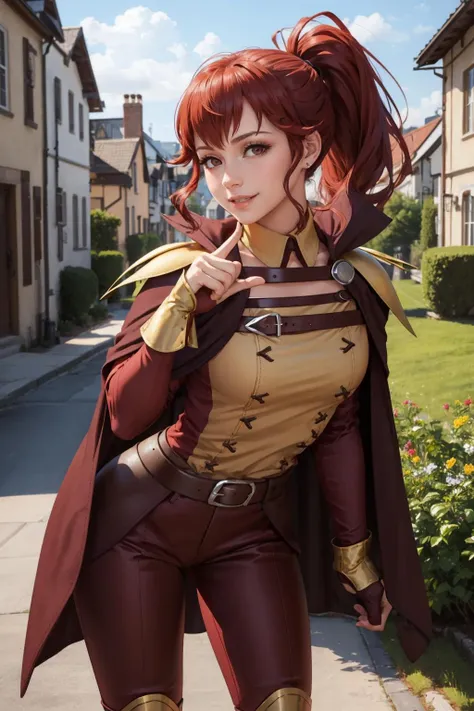 masterpiece, best quality, feAnna, ponytail, tunic, cape, belt, fingerless gloves, red pants, boots, hands at hips, looking at viewer, furrowed brow, leaning forward, smile, village, standing <lora:fe13Anna-nvwls-v1-000009:0.9>