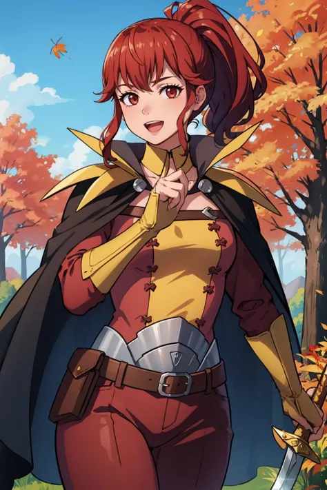 masterpiece, best quality, feAnna, ponytail, tunic, cape, belt, fingerless gloves, red pants, looking at viewer, cowboy shot, holding weapon, holding, KatanaOneHand, furrowed brow, :D, forest, autumn, blue sky <lora:fe13Anna-nvwls-v1-000009:0.9> <lora:UnlimitedBladeWorks1.6:0.7>