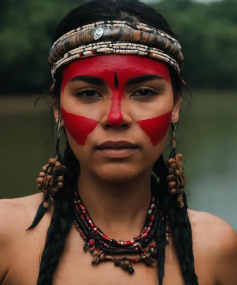 closeup face portrait of a beautiful Native Amazonian Woman posing with the amazon river behind her,red face paint across her eyes,large trible bead necklace that covers her chest,kind_smile,Headdresses,Trible skirt,tribal tattos,zavy-cnmtc,looking at viewer,atmospheric haze,cinematic still,dynamic lighting,movie screencap,moody,film,<lora:zavy-cnmtc-sdxl:0.7>,