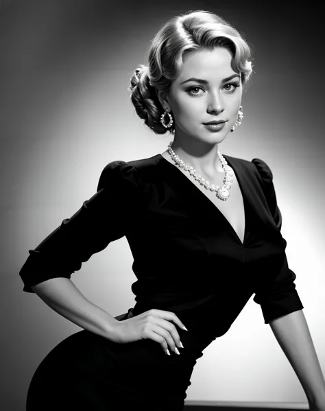 photo of beautiful (GraceKelly:0.99), detailed hairstyle, smiling,((wearing a black pencil skirt dress)), a dark grey background, style of George Hurrell, B & W, ((portrait)), dynamic pose, looking at the viewer, eye-liner, nails, dark eye shadow, looking at viewer, jewelry, pearl necklace, pearl earrings, pearl bracelet, perfect feet, back lit, soft lighting,