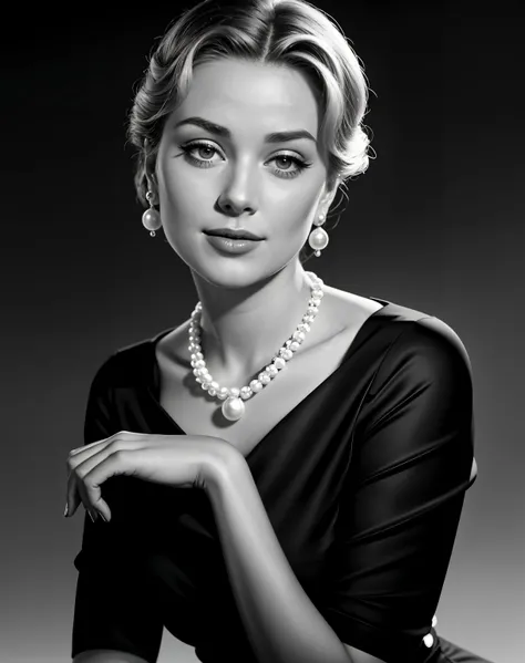 photo of beautiful (GraceKelly:0.99), detailed hairstyle, smiling,((wearing a black pencil skirt dress)), a dark grey background, style of George Hurrell, B & W, ((portrait)), dynamic pose, looking at the viewer, eye-liner, nails, dark eye shadow, looking at viewer, jewelry, pearl necklace, pearl earrings, pearl bracelet, perfect feet, back lit, soft lighting,