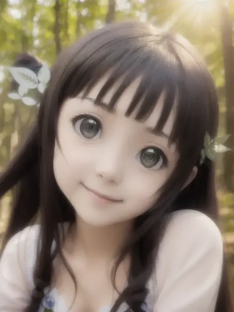 masterpiece, best quality, DSLR, insanely detailed, YuiSAO, shy smile, long hair, insanely detailed eyes, pretty face, perfect face, path inside a dense forest, sun shining through leaves, RayTrace, light rays, <lora:SAO-V1RS:1>