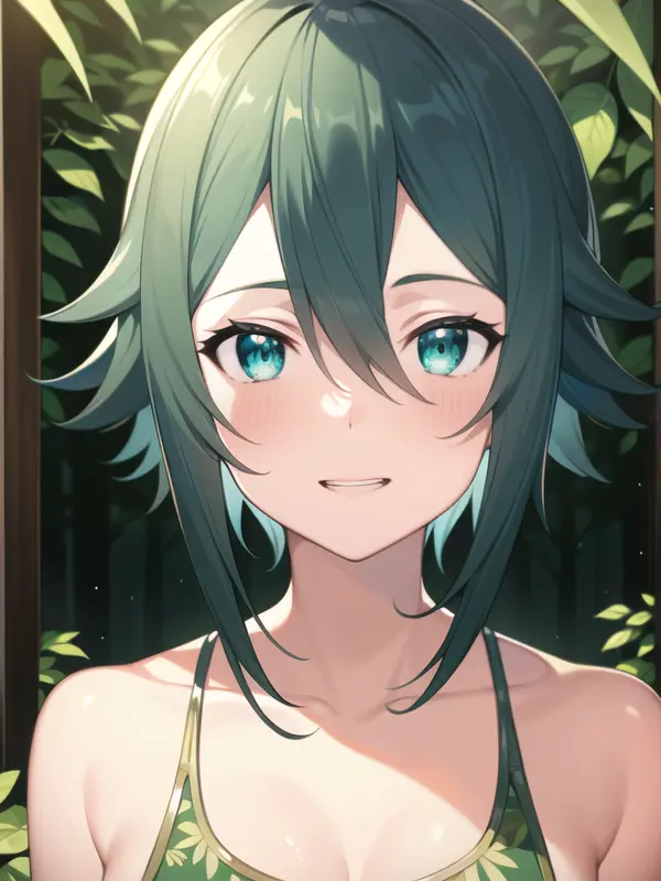 masterpiece, best quality, DSLR, insanely detailed, realism, SinonGGO, shy smile, detailed short teal hair, insanely detailed eyes, pretty face, perfect face, path inside a dense forest, sun shining through leaves, RayTrace, light rays, <lora:SAO-V3RS:1>