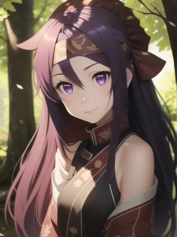 masterpiece, best quality, DSLR, insanely detailed, realism, YuukiALO, shy smile, long detailed purple hair, red bandana, insanely detailed eyes, pretty face, perfect face, path inside a dense forest, sun shining through leaves, RayTrace, light rays, <lora:SAO-V3RS:1>