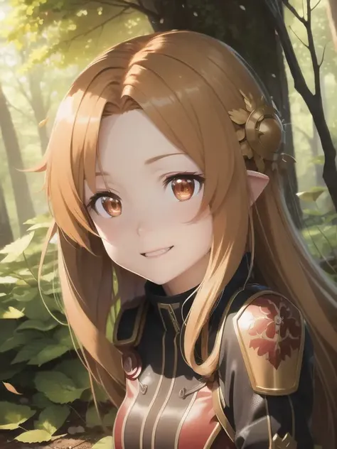 masterpiece, best quality, DSLR, insanely detailed, realism, AsunaALO, shy smile, long detailed hair, insanely detailed eyes, pretty face, perfect face, path inside a dense forest, sun shining through leaves, RayTrace, light rays, <lora:SAO-V3RS:1>