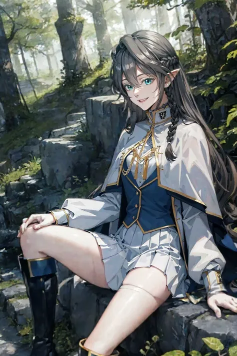 (masterpiece, best quality, high resolution:1.3), natural lighting, <lora:TessiaEralith_V1-Manityro-pruned:0.75>, AS-Adult, tessia, white capelet, capelet, school uniform, blue skirt, blue vest, white jacket, knee boots, long sleeves, smiling, sitting on stone, forest,