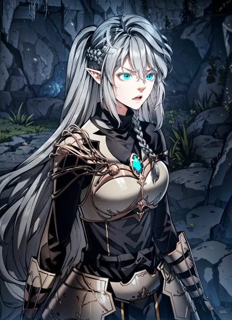 1girl,tessia,long hair,silver hair,green eyes,tesBattle, armor,surprides face,surprised expression,shocked face,shocked expression,shocked eyes,open mouth,teary,teary eyes,standing,cave,inside cave,dark,darkness,closeup,upper body,masterpiece,extremely detailed CG unity 8k wallpaper, best quality,32k,focus sharp, <lora:TessiaEralith_V1-Manityro:0.8>, <lora:add_detail:0.8>, <lora:Light and Shadow:0.7>