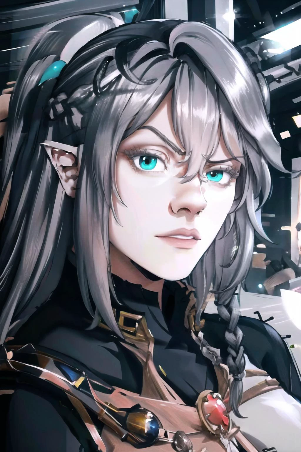 Highly detailed, High Quality, Masterpiece, beautiful, 1girl, solo, tessia, <lora:Char_Elf_TessiaEralith:0.8>, RocksEyebrowRaise, portrait, raised eyebrow, thick eyebrows, <lora:Pos_TheRocksEyebrowRaiseMeme:1>