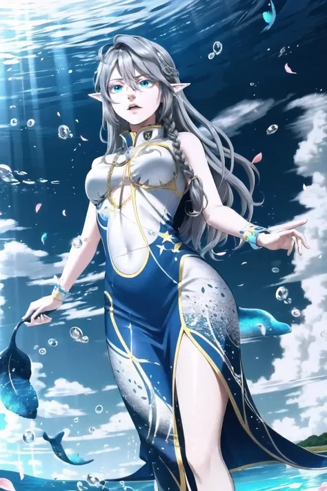 Highly detailed, High Quality, Masterpiece, beautiful, 1girl, solo, tessia, <lora:Char_Elf_TessiaEralith:0.8>, blue dream, scenery, sky, cloud, out doors, whale, fish, bubble, water, petals, fantasy, ocean, surreal, <lora:Pos_BlueDream:0.7>