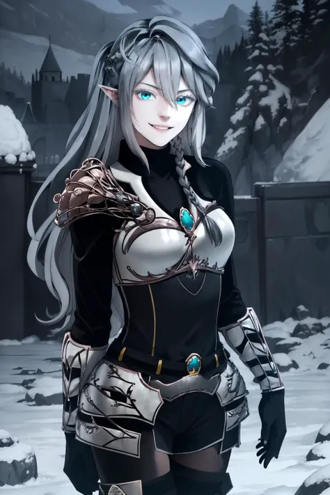 (masterpiece, best quality, absurdres), 1girl, solo, cowboy shot, <lora:TessiaEralith_V1-Manityro:0.8>, tesBattle, black bodysuit, armor, arms at sides, smile, looking at viewer, castle, snow