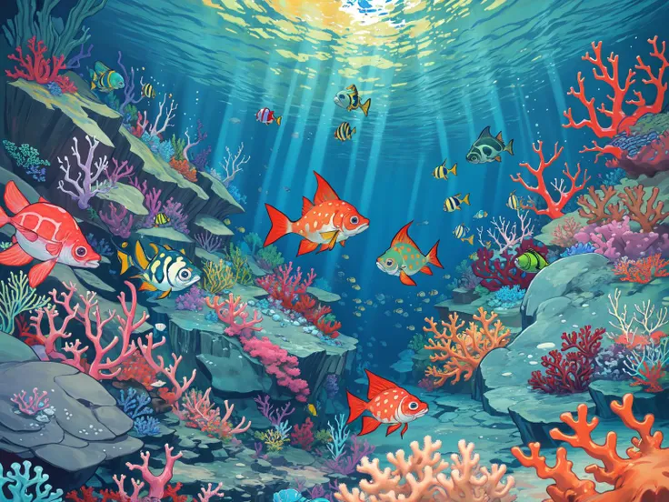 (masterpiece, best quality:1.2), (fairyland:1.2), no humans, whimsical, outdoors, coral reef, underwater, scuba diving, snorkeling, fish, vibrant colors, underwater world, sea turtles, schools of fish, scuba tanks, sea anemones, coral polyps, sky
