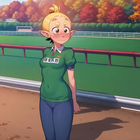 (fairyland:1.1), (masterpiece, best quality:1.15), 1girl, solo, medium breasts, chestnut eyes, looking to the side, arms at side, gym uniform, short hair, sleek and straight, hair ornament, day, autumn, outdoors, horse racing track, horses, grandstands, blush, wavy mouth, embarrassed, round chin, full eyebrows, small mouth