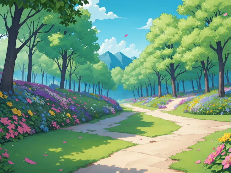 (masterpiece, best quality:1.15), (fairyland:1.2), no humans, outdoors, botanical trail, flower, plant, hiking path, petals, serene, beautiful, lush, scenic, natural retreat