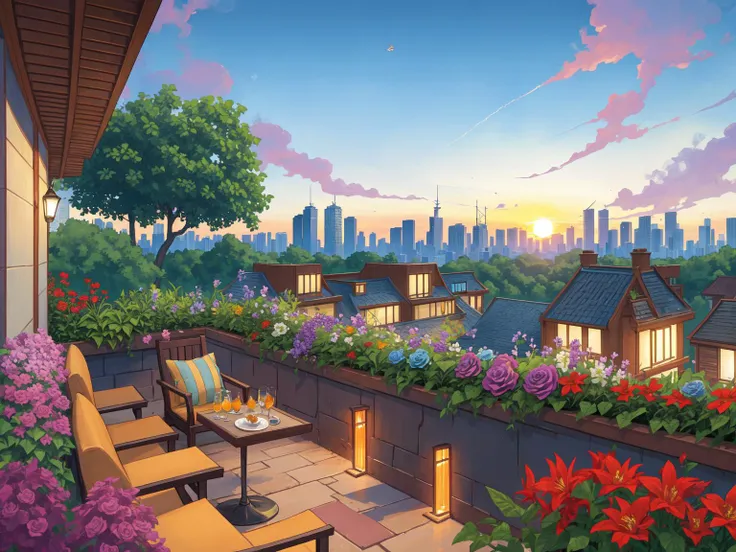 (masterpiece, best quality:1.1), (fairyland:1.2), no humans, whimsical, outdoors, botanical terrace, city views, flowers, herb garden, sunsets, exotic blooms, fragrant herbs, botanical diversity, panoramic skyline, city oasis, outdoor theater, rooftop dining, sky