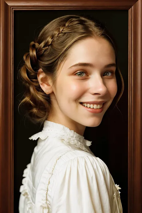 portrait photo of <lora:BrandyGordon_v2.1-000006:.9> BrandyGordon, focus on smiling face, wearing victorian clothing , her hair is styled as Straight Face Framing Layers,