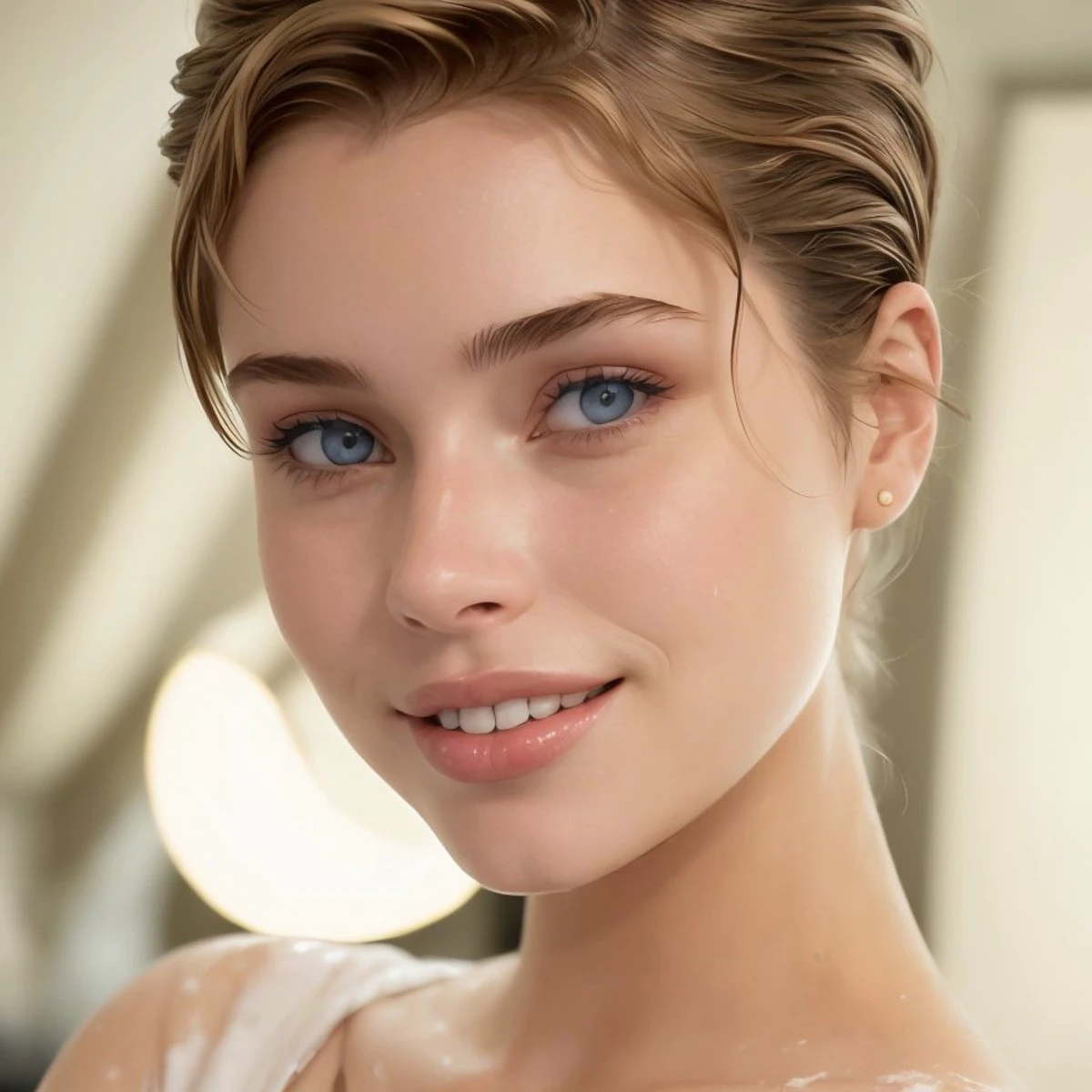 (artificial lighting, shot on film, washed out:1.3), realistic, photo of BrandyGordon <lora:BrandyGordon_v1:.9> , close up on face, focus on eyes, smiling, hair styled as fluffy pixie