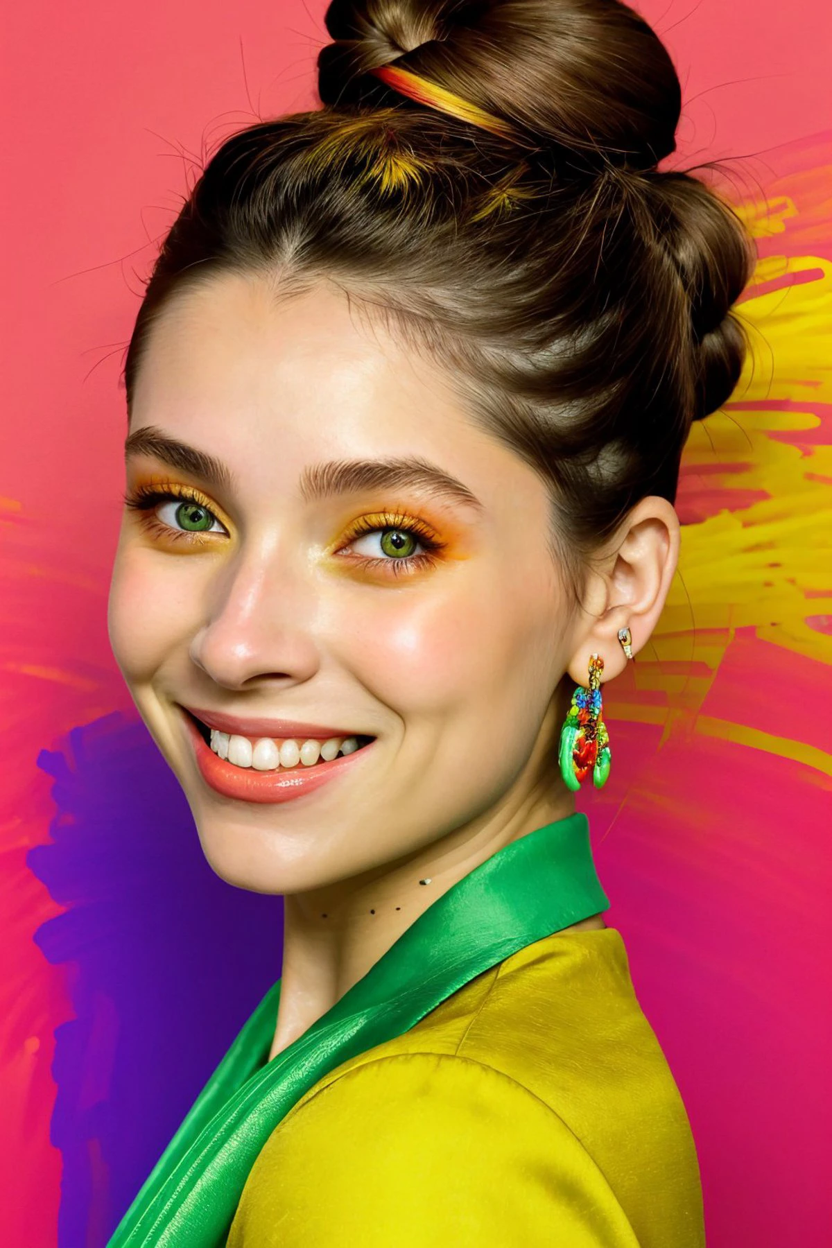 fauvist style, bright, unnatural colors, bold brushwork <lora:BrandyGordon_v2.1:.9> BrandyGordon, focus on eyes, close up on face, grinning, wearing jewelry, hair styled twisted bun hair