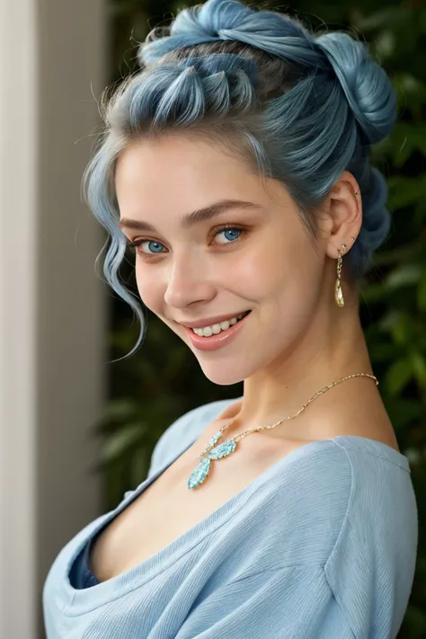 <lora:BrandyGordon_v2.1-000006:.9> BrandyGordon, focus on eyes, close up on face, laughing, wearing jewelry, light blue color hair styled curly bun