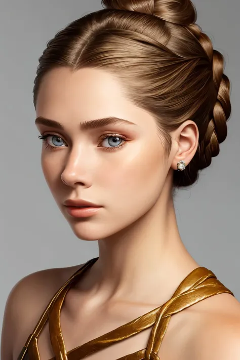 photorealistic rendering of, detailed, realistic, high definition <lora:BrandyGordon_v2.1:.9> BrandyGordon, focus on eyes, close up on face, hair styled dutch braided chignon