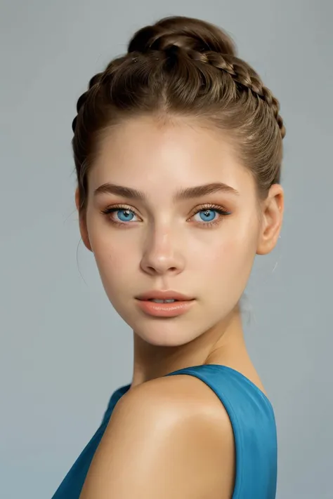 <lora:BrandyGordon_v2.1-000006:.9> BrandyGordon, focus on eyes, close up on face, azure color hair styled braided chignon