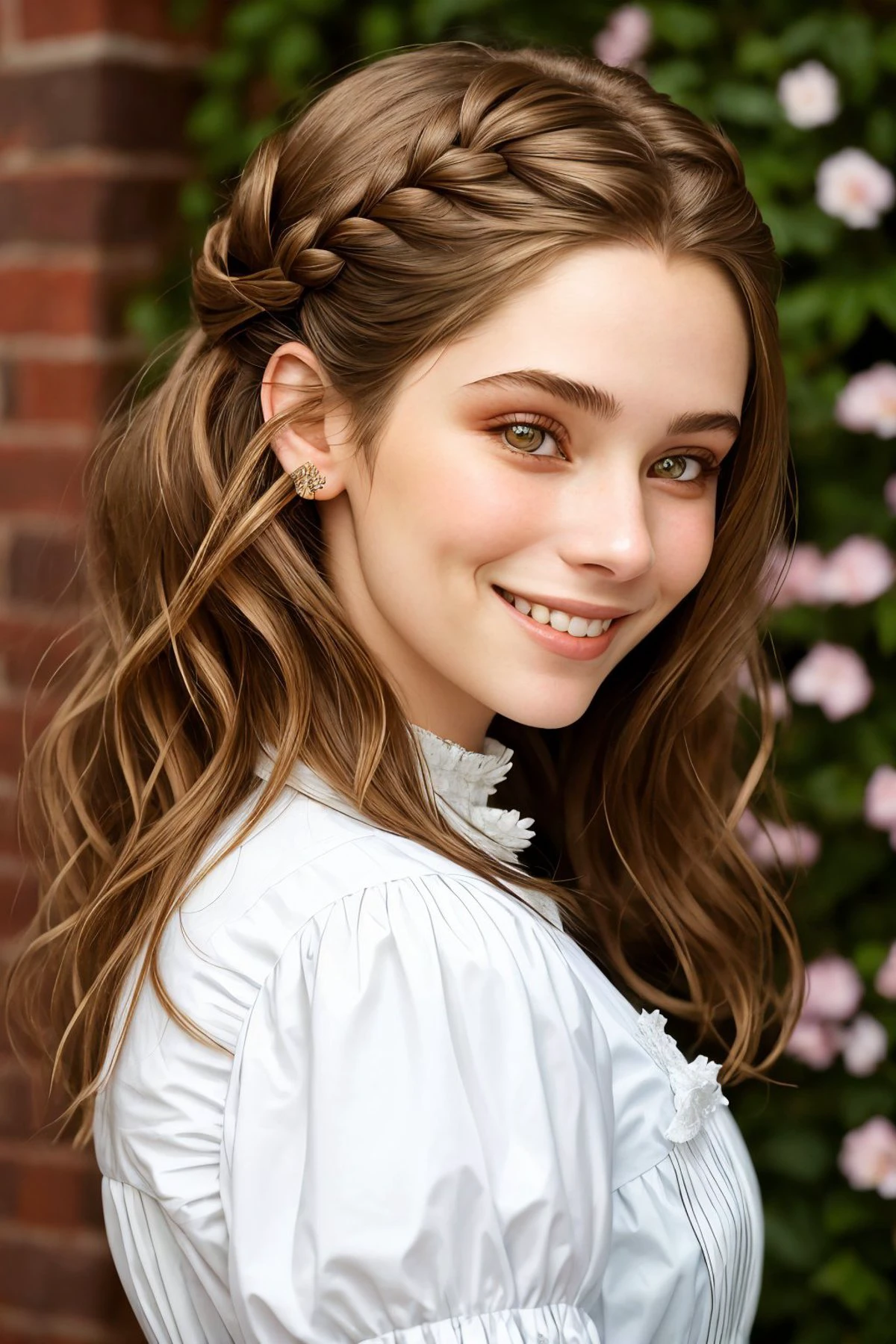 portrait photo of <lora:BrandyGordon_v2.1-000006:.9> BrandyGordon, focus on smiling face, wearing victorian clothing , her hair is styled as tousled layers,