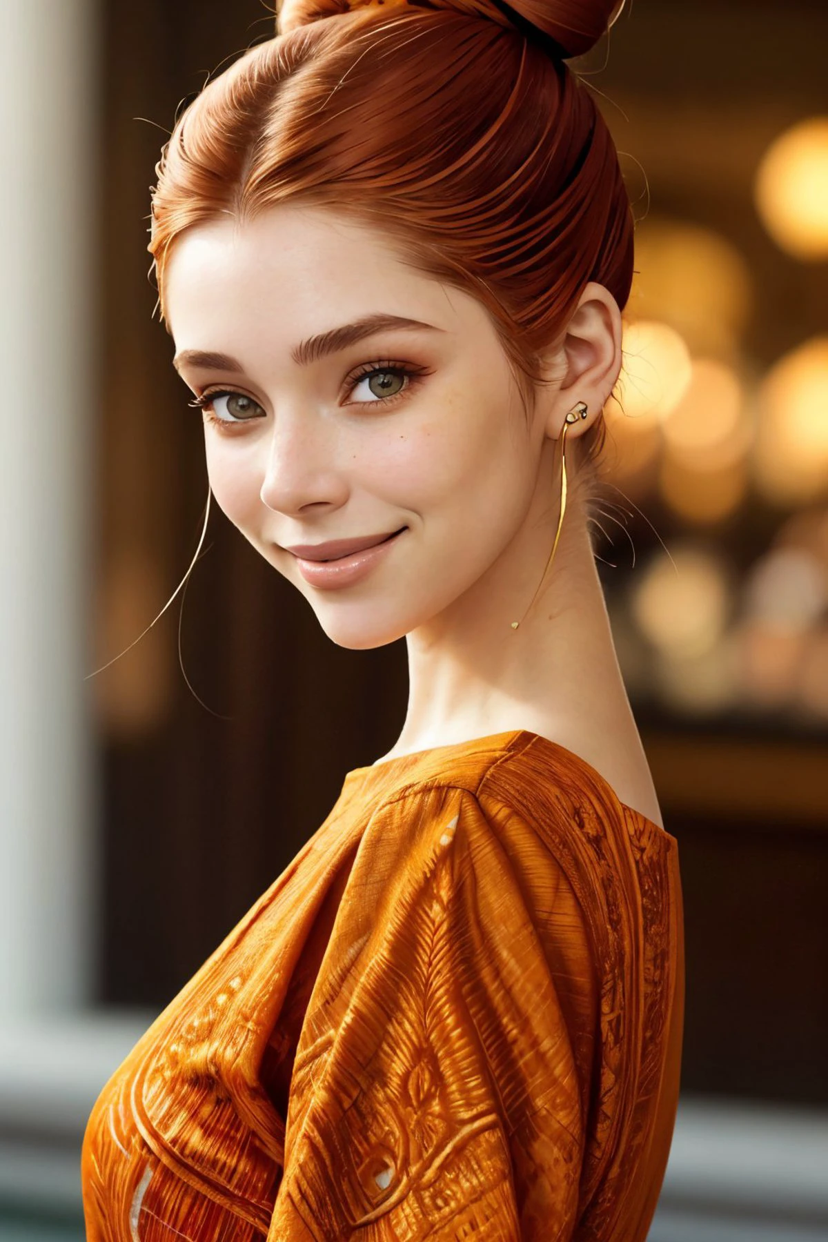 <lora:BrandyGordon_v2.1-000006:.9> BrandyGordon, focus on eyes, close up on face, huge smile, Henna color hair styled sleek low bun hair
