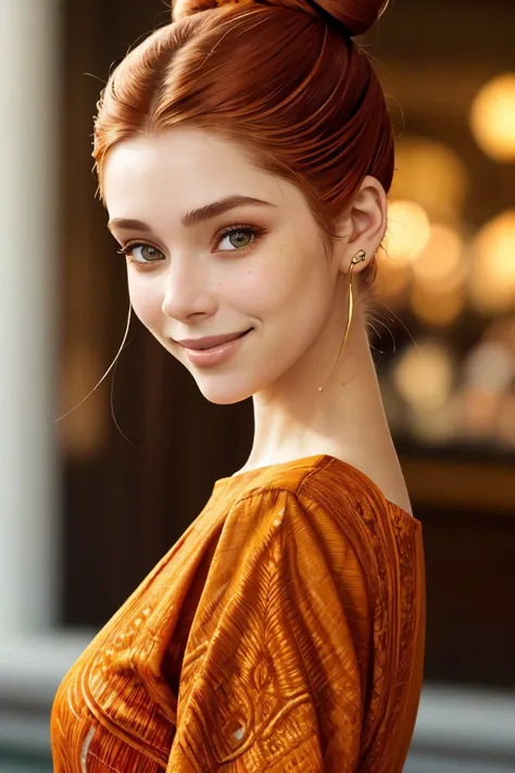 <lora:BrandyGordon_v2.1-000006:.9> BrandyGordon, focus on eyes, close up on face, huge smile, Henna color hair styled sleek low bun hair