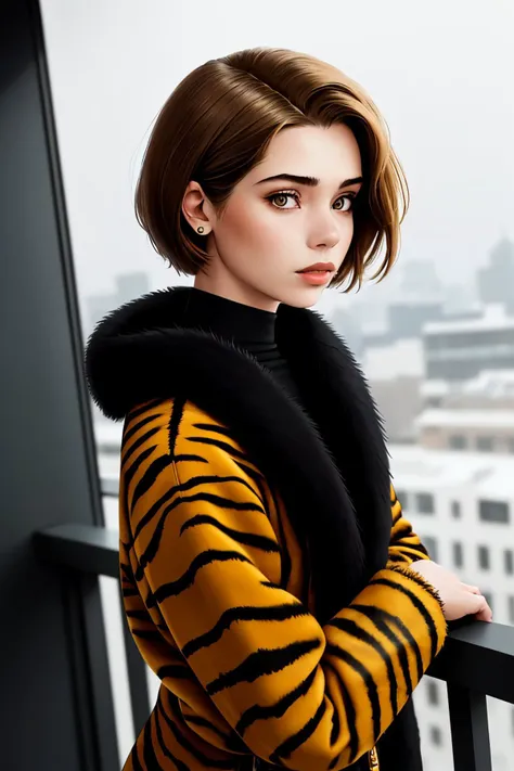 (shot from a Dutch angle, headshot:1.2) photo of <lora:BrandyGordon_v2.1-000006:.9> BrandyGordon, she is wearing tiger print fur-trimmed coat , she is wearing earclip, her hair is styled as short layered hair, BREAK she is (in the terrace:1.1), soft fill lighting, Voigtlnder Nokton 50mm f1.1 ,shot on Leica M3 ,desaturated grunge filter,