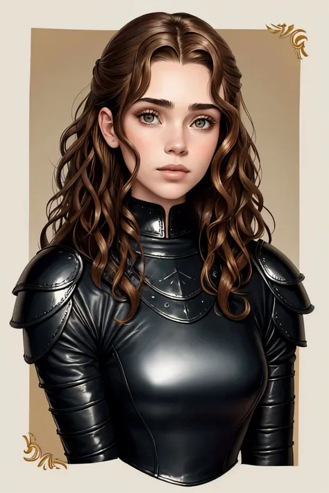 headshot photo of <lora:BrandyGordon_v2.1-000006:.9> BrandyGordon, focus on face, wearing leather armor , her hair is styled as Curly Victorian Waves,