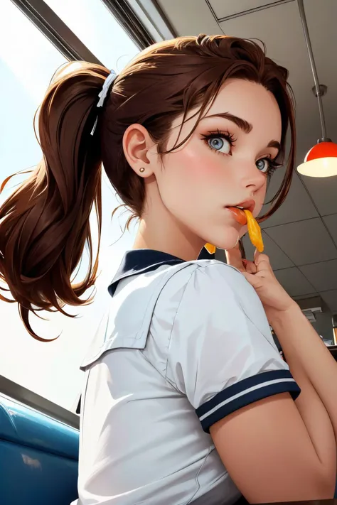 ASCII(from below, head shot:1.2) photo of
<lora:brandygordon_v1:.9> BrandyGordon,
she is wearing sailor dress
,
her hair is styled as twisted ponytail,
she is wearing wrist cuffs,
BREAK she is (eating at a diner:1.1),
(hard lighting:1.4),