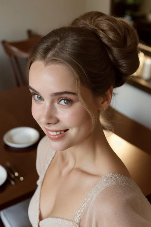 (high angle, closeup on face:1.2) photo of <lora:BrandyGordon_v1:.9> BrandyGordon,
smiling,
she is wearing tutu
,
she is wearing armlet,
her hair is styled as half-up chignon,
BREAK she is (in the dining room:1.1),
soft natural lighting,
shot on Leica M3
,lens flare,Voigtlnder Nokton 50mm f1.1
,Cinestill 800T
,