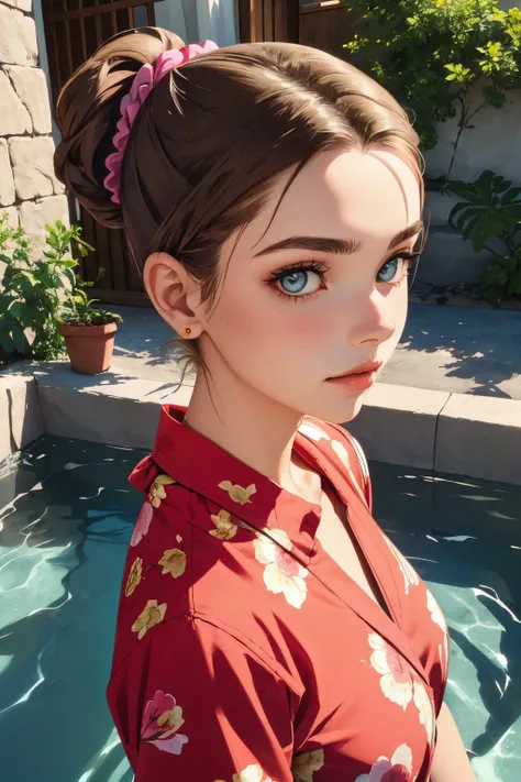 ASCII(eye level, upper body:1.2) photo of 
        <lora:brandygordon_v1:.9> BrandyGordon,
        she is wearing rose print jammers ,
        her hair is styled as side chignon,
        she is wearing wrist scrunchie,
        BREAK she is (drawing water from a well:1.1),
        creative shadow play,