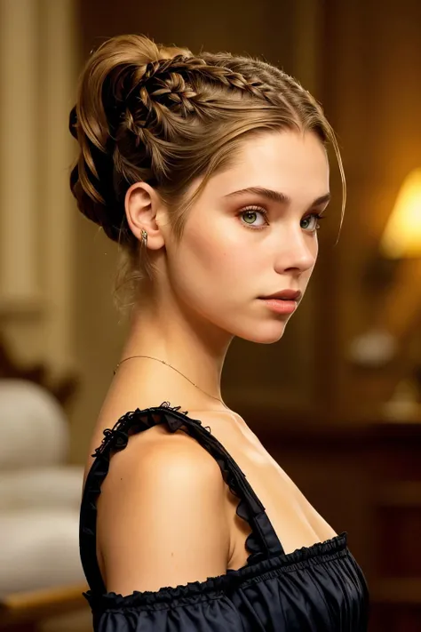 upper body photo of <lora:BrandyGordon_v2.1-000006:.9> BrandyGordon, focus on face, wearing victorian clothing , her hair is styled as dutch braid ponytail,