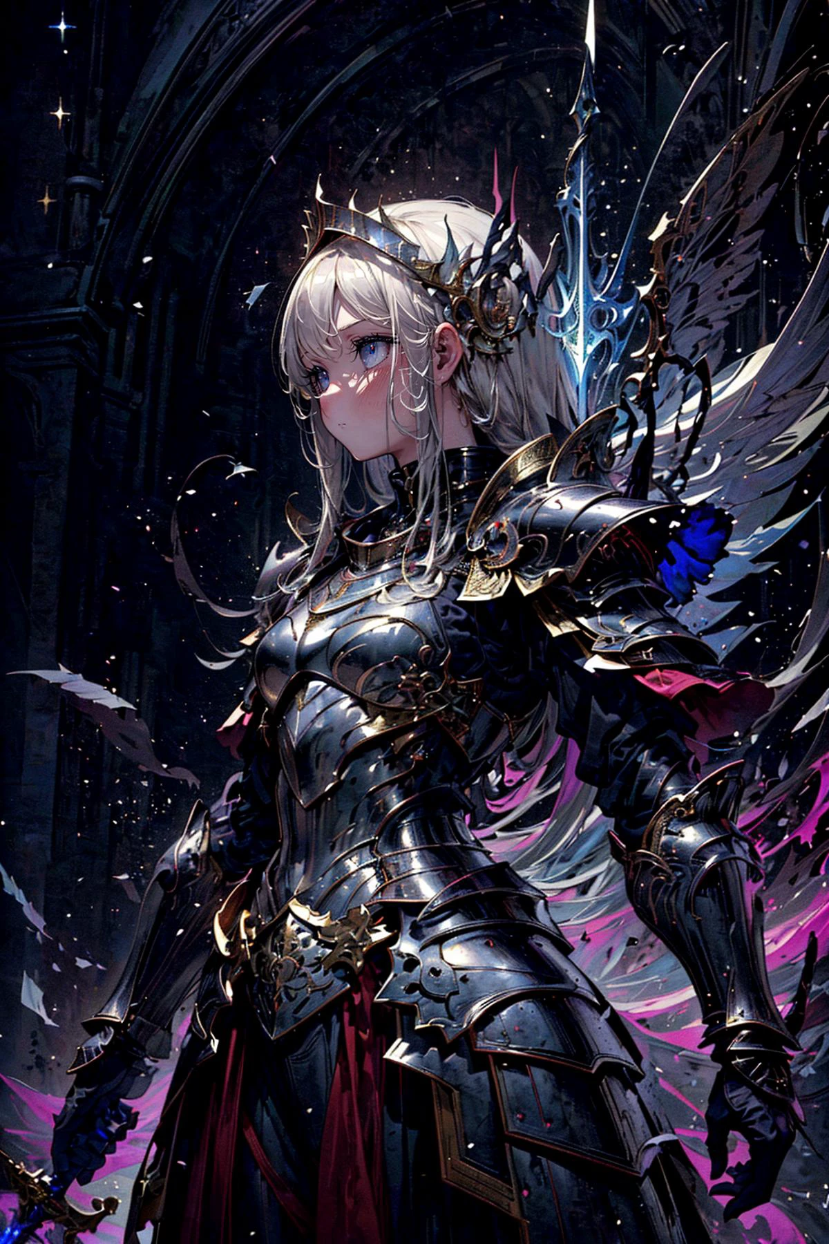 (masterpiece, top quality, best quality, beautiful and aesthetic:1.2), (1girl:1.3), original, high resolution, (fractal art), surreal, arthurian legend, knights, armor, british, war, medieval, <lora:add_detail:0.7>, focused, magic, magic imbued, fantasy, swords, <lora:Chimera Series R Number Furnace - Phantom:1> expressionless,