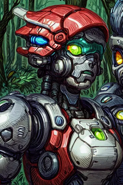 Cyborgdiffusion, exquisite detail, close-up shot of two futuristic mechanical beings, Deep forest background, BREAK <lora:difConsistency_photo:0.5>, BREAK <lora:difConsistency_detail:0.8>