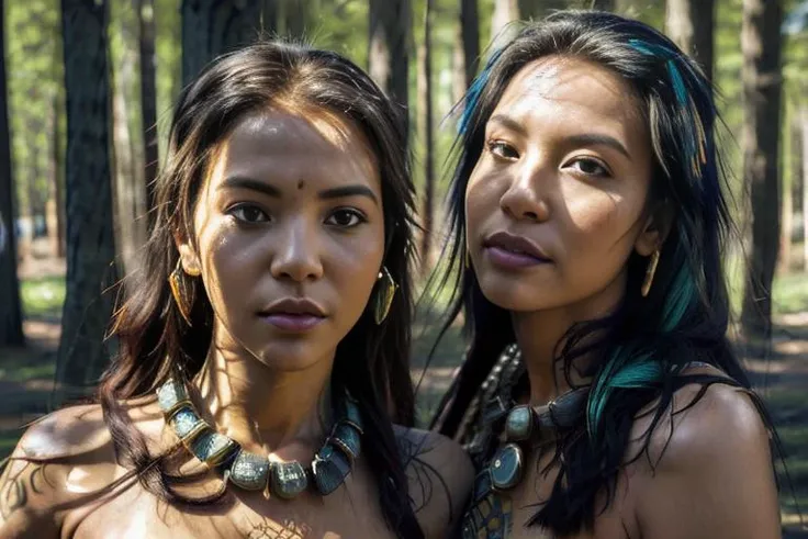 Two big titty middle-aged European female tribal warriors topless , preparing for battle outside. natural .